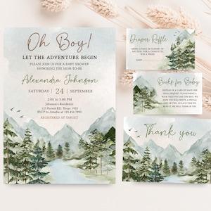 Editable Oh Boy Let the Adventure Begin Baby Shower Invitation Bundle, Woodland Mountain Baby Shower Invite Set, Adventure Baby Shower, 0497