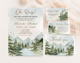 Edytowalny zestaw zaproszeń na baby shower Oh Boy Let the Adventure Begin, zestaw zaproszeń na baby shower Woodland Mountain, Adventure Baby Shower, 0497