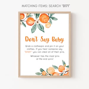 Don&#39;t Say Baby Sign A Little Cutie is on way Baby Shower, Clementine Orange Gender Neutral Baby Shower Game Sign Decoration, Printable 0171