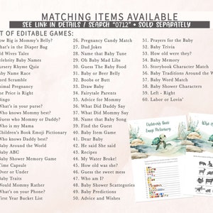 May include: A printable set of baby shower games with a watercolor illustration of a turtle in a pond. The games include "How Big is Mommy's Belly?", "What's in the Diaper Bag", "Old Wives Tales", "Celebrity Baby Names", "Nursery Rhyme Quiz", "Baby Name Race", "Word Scramble", "Animal Pregnancy", "The Price is Right", "Bingo", "What's in your purse?", "Who knows Mommy best?", "Guess who Mommy or Daddy?", "Who is my Mama", "Children's Book Emoji Pictionary", "Who knows Daddy best?", "Baby Around the World", "Baby ABC", "Baby Shower Memory Game", "Time Capsule", "Over or Under", "Baby Traits", "Would Mommy Rather", "What's on your Phone?", "First Year Bucket List", "Pregnancy Candy Match", "Dad Jokes", "Name that Baby Tune", "Oh Baby Mad Libs", "Guess The Baby Food", "Baby or Beer Belly", "Boobs or Butt", "Draw Baby", "Fairytale Parents", "Advice for Mommy", "What Did Daddy Say", "What Did Mommy Say", "Name that Baby Song", "Find the Guest", "Baby Item Game", "Dear Baby", "He said She said", "Recipes", "My Water Broke!", "How old was she?", "Guess the sweet mess", "Who am I?", "Baby Shower Scattegories", "Baby Predictions", "Advice and Wishes", "Prayers for the Baby", "Baby Trivia", "How old were they?", "Baby Memory", "Storybook Character Match", "Baby Traditions Around the World", "Baby Word Match", "Baby Shower Characters", "Left - Right", "Labor or Lovin'".