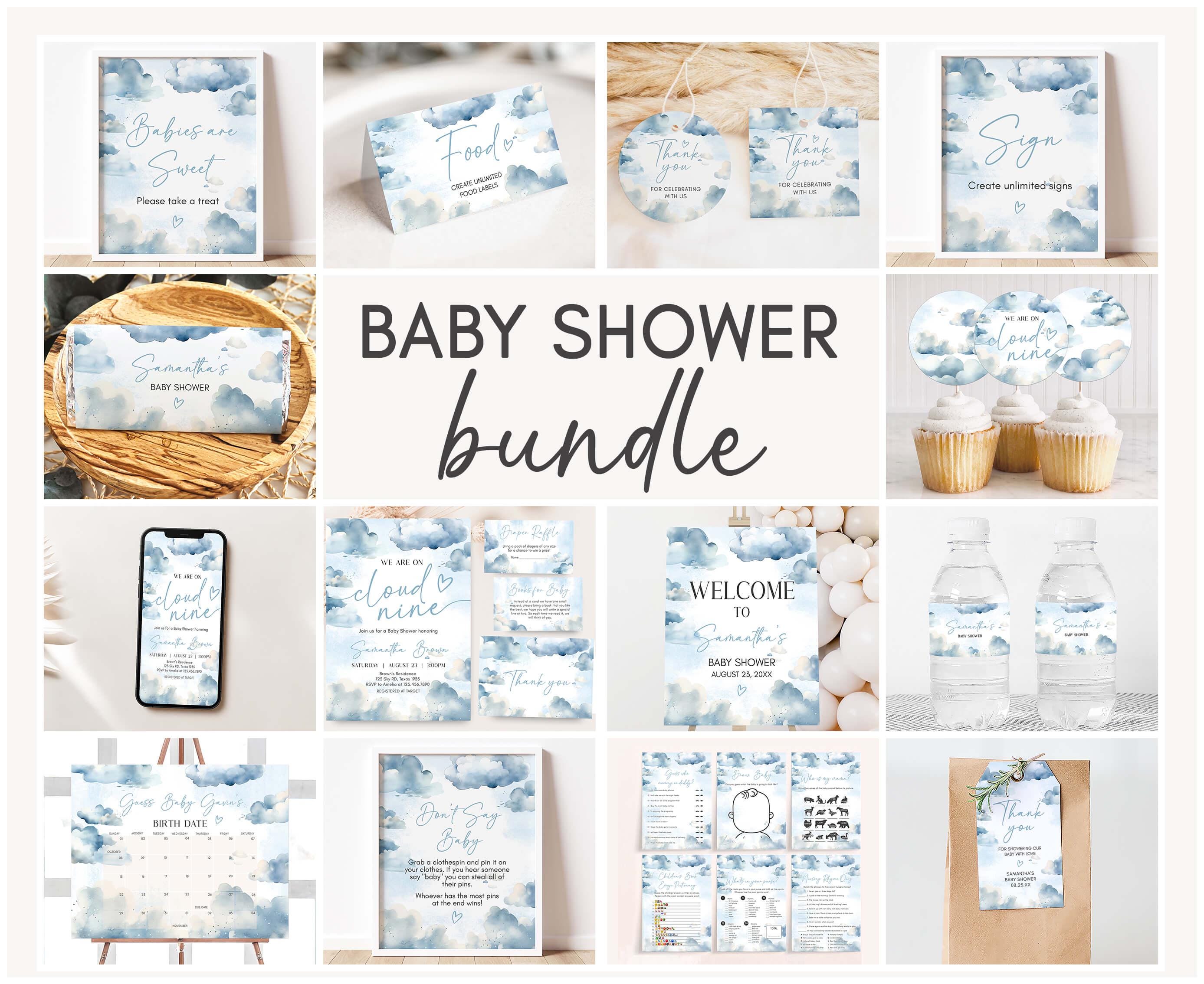 Editable On Cloud 9 Baby Shower Bundle, Dusty Blue We're On Cloud Nine Baby Shower Pack, Baby Boy Cloud Shower Mega Bundle Template, 01077