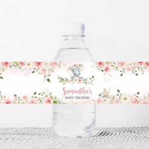 Étiquette modifiable pour biberon éléphanteau, étiquettes d&#39;eau florales rose poudré pour baby shower, Stickers biberons bébé éléphant fille, 0324