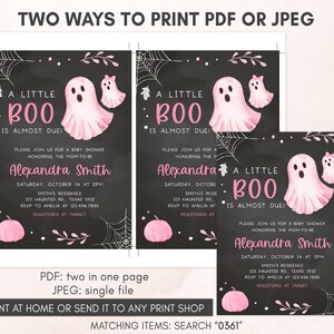 May include: Halloween-themed baby shower invitations with pink ghosts, pumpkins, and spiderwebs on a black chalkboard background. The text reads "A Little Boo is Almost Due!" and includes event details.