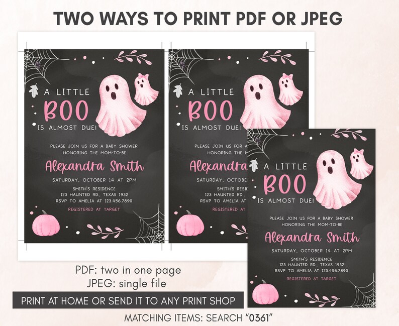 May include: Halloween-themed baby shower invitations with pink ghosts, pumpkins, and spiderwebs on a black chalkboard background. The text reads "A Little Boo is Almost Due!" and includes event details.