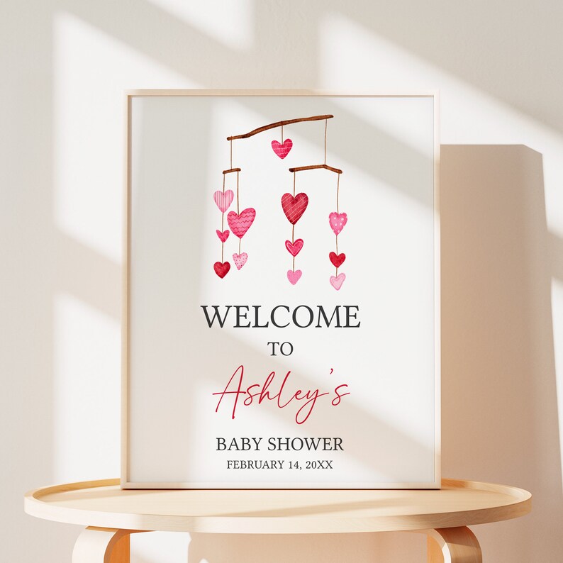 Editable Valentine Baby Shower Welcome Sign, Pink Red Heart Baby Shower Welcome Poster, Girl A Little Sweetheart Baby Shower Decors, 0595 image 1