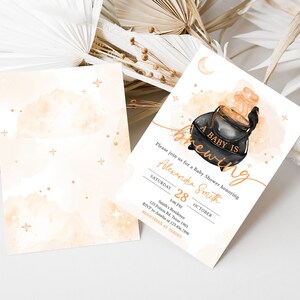 Editable A Baby is Brewing Halloween Baby Shower Invitation Bundle, Gender Neutral Halloween Baby Shower Invite Set, Witch Invitation 0469 image 2