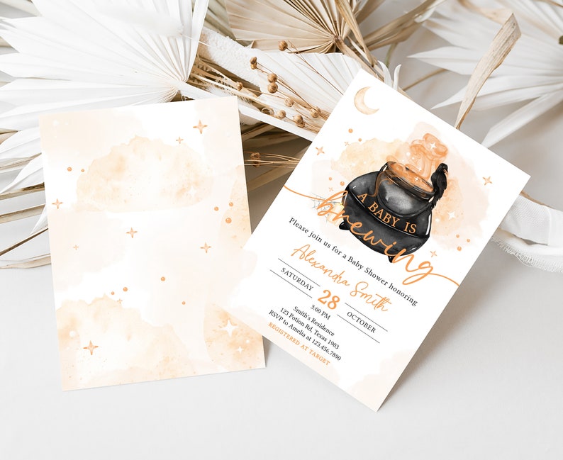 Editable A Baby is Brewing Halloween Baby Shower Invitation Bundle, Gender Neutral Halloween Baby Shower Invite Set, Witch Invitation 0469 image 2