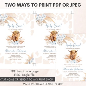 Editable Boho Highland Cow Baby Shower Invitation Bundle, Blue Holy Cow Baby Shower Invite Set, Boy Highland Cow Boho Invitation Pack, 0505 image 4