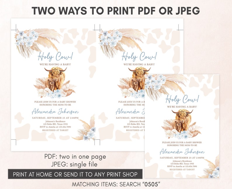 Editable Boho Highland Cow Baby Shower Invitation Bundle, Blue Holy Cow Baby Shower Invite Set, Boy Highland Cow Boho Invitation Pack, 0505 image 4