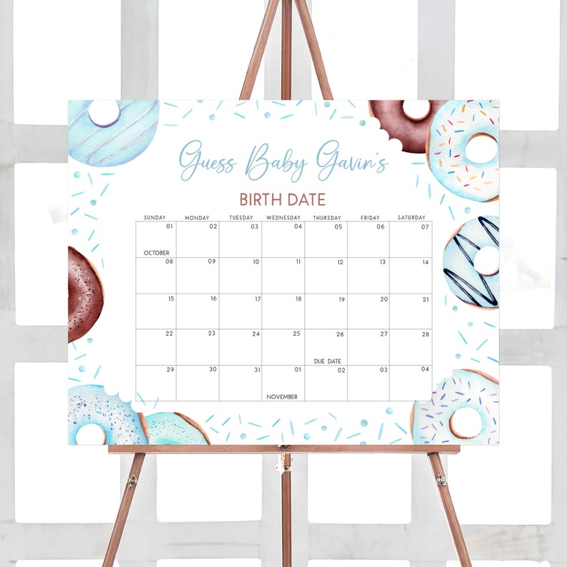 Editable Blue Donuts and Diapers Baby Shower Due Date Calendar, Boy Donuts Baby Shower Calendar, Blue Sweet Sprinkle Baby Shower Game, 0652 image 1