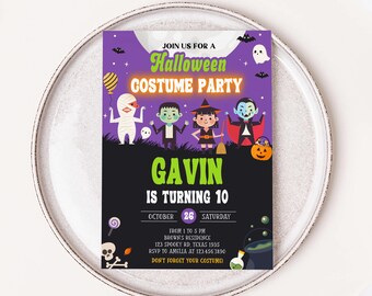 May include: Purple and black Halloween party invitation with a cartoon illustration of a mummy, a zombie, a witch, and a vampire. The invitation says "Join us for a Halloween Costume Party, Gavin is turning 10, October 26, Saturday, from 1 to 5 PM, Brown's Residence, 123 Spooky Rd, Texas 1935, RSVP to Amelia at 1234567890, Don't forget your costume!"