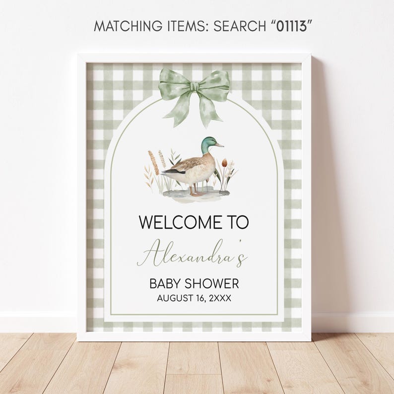 a welcome sign for a baby shower with a duck