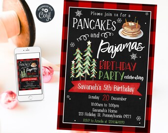 Op de afbeelding: Een verjaardagsuitnodiging met een zwarte achtergrond en een rode geruite rand. De uitnodiging luidt "Pancakes and Pajamas Birthday Party" met details voor Savanah's 5e verjaardag, inclusief datum, tijd en locatie.