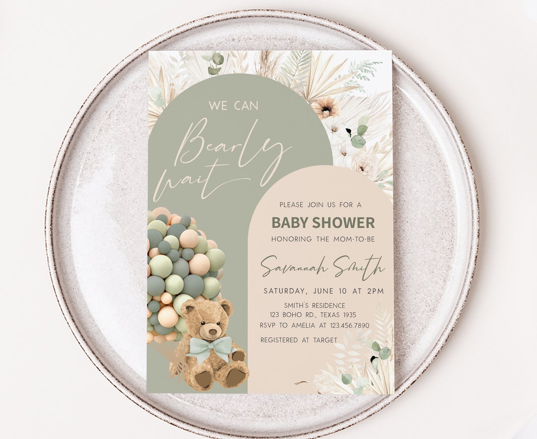 Editable We Can Bearly Wait Baby Shower Invitation Boho Teddy Bear Baby ...