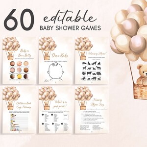 Editable Brown Bear Baby Shower Games Bundle, Hot Air Balloon Gender Neutral Baby Shower Game Pack, We Can Bearly Wait Baby Shower Game 0698 image 1