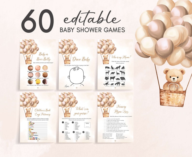 Editable Brown Bear Baby Shower Games Bundle, Hot Air Balloon Gender Neutral Baby Shower Game Pack, We Can Bearly Wait Baby Shower Game 0698 image 1