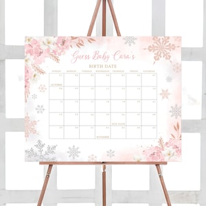 Editable Pink Snowflake Baby Shower Due Date Calendar, Pink A Little Snowflake Baby Shower Calendar, Girl Winter Birthday Predictions, 0520