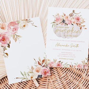 May include: Baby shower invitation with a watercolor floral design. The invitation features a light pink pumpkin with the text "a sweet little pumpkin is on the way!" and details for Alexandra Smith's baby shower.