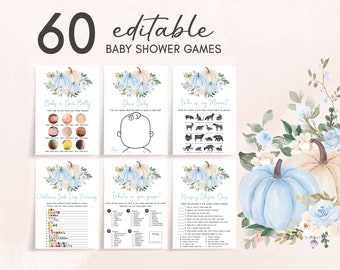 Editable Blue Floral Pumpkin Baby Shower Games Bundle, Boy Greenery Fall Baby Shower Game Pack, A Little Pumpkin Baby Shower Template 0884