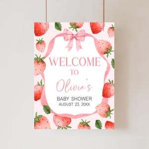 Editable Someone Berry Sweet Baby Shower Welcome Sign, Girl Strawberry Baby Shower Welcome Poster, Coquette Pink Bow Berry Shower Sign 01088