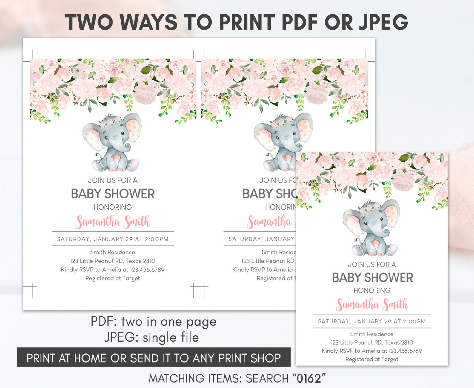 Editable Pink Elephant Girl Baby Shower Invitation, Blush Pink Floral ...