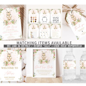 K&ouml;nnte beinhalten: Ein Set mit druckbaren Babyparty-Dekorationen mit einer Aquarell-Illustration eines Kaninchens mit rosa Blumen. Das Set enth&auml;lt ein Willkommens-Schild, ein Schild mit der Aufschrift "Don't Say Baby", ein Dankesch&ouml;n-Etikett und Wasserflaschen-Etiketten. Der Text auf den Schildern lautet "Willkommen zur Babyparty von [Name des Babys]" und "Don't Say Baby".