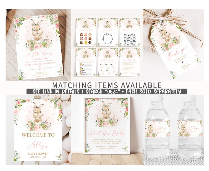 K&ouml;nnte beinhalten: Ein Set mit druckbaren Babyparty-Dekorationen mit einer Aquarell-Illustration eines Kaninchens mit rosa Blumen. Das Set enth&auml;lt ein Willkommens-Schild, ein Schild mit der Aufschrift "Don't Say Baby", ein Dankesch&ouml;n-Etikett und Wasserflaschen-Etiketten. Der Text auf den Schildern lautet "Willkommen zur Babyparty von [Name des Babys]" und "Don't Say Baby".