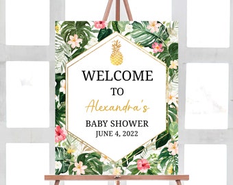 Tropical Pineapple Baby Shower Welcome Sign, Hawaiian Luau Welcome Sign, Tropical Baby Shower Sign, Aloha Decor Printable Template 0202