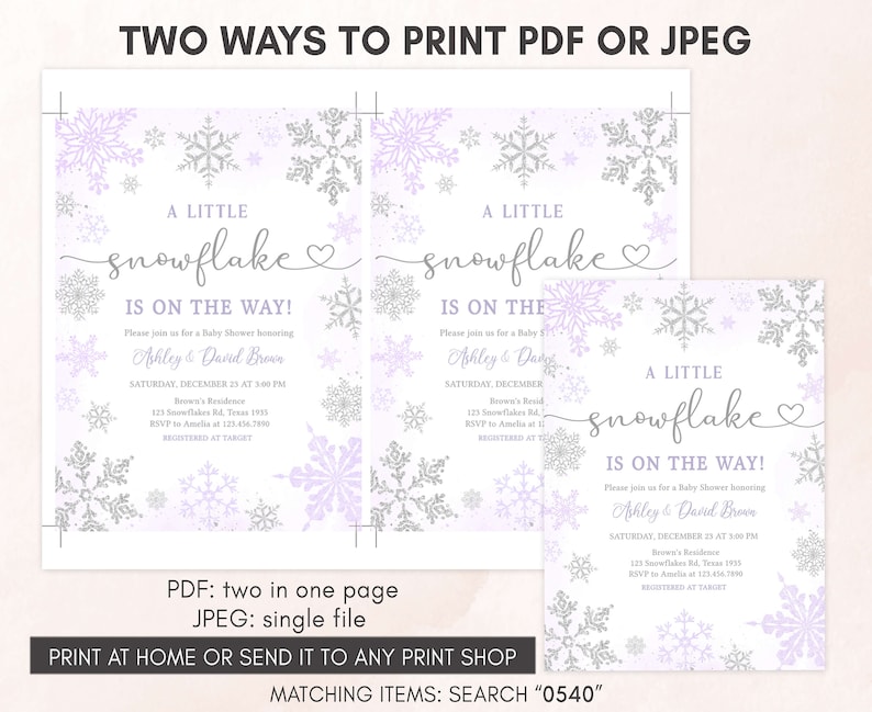 Editable Purple A Little Snowflake Baby Shower Invitation, Purple Snowflake Baby Shower Invite, Girl Winter Baby Shower Invite Template 0540 image 3