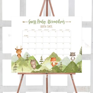 Bearbeitbarer Babyparty-Fälligkeitsdatumskalender, Wald-Babypartykalender, Waldgebirgstier-Geburtstagsvorhersage 0399