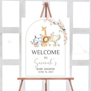 Editable Girl Safari Baby Shower Welcome Sign, Pink Floral Safari Jungle Baby Shower Welcome Poster, Girl Safari Animals Baby Shower, 0307 image 1