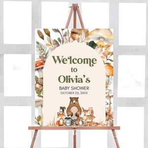 Editable Fall Woodland Baby Shower Welcome Sign, Autumn Forest Animals Baby Shower Poster, Mushroom Woodland Animals Baby Shower Sign, 01120