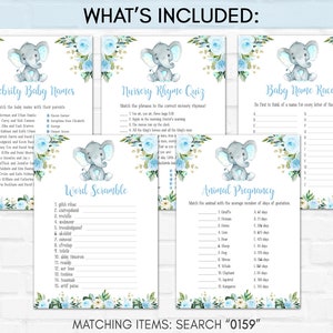May include: A set of printable baby shower games featuring a blue and white floral design with a cute gray elephant illustration. The games include Celebrity Baby Names, Nursery Rhyme Quiz, Baby Name Race, Word Scramble, and Animal Pregnancy.