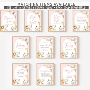 May include: A set of printable signs for a baby shower with a jungle theme. The signs are pink with brown and white animal illustrations and text that says "Babies on Suit", "Books & Gifts", "Diaper Raffle", "Don't Say Baby", "Drinks", "Please Help to Make Sure You Take the Address", "Favors", "Food", "Last Night Diapers", "More-Oh Bar".