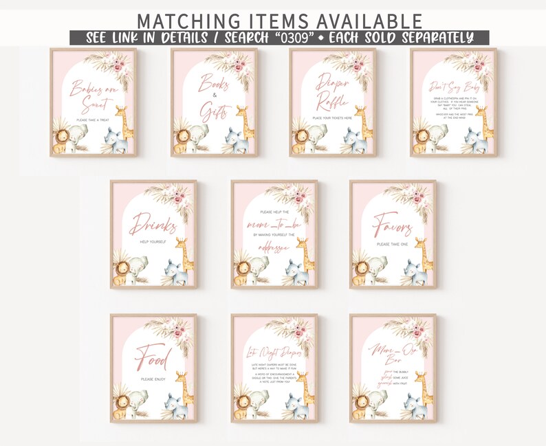 May include: A set of printable signs for a baby shower with a jungle theme. The signs are pink with brown and white animal illustrations and text that says "Babies on Suit", "Books & Gifts", "Diaper Raffle", "Don't Say Baby", "Drinks", "Please Help to Make Sure You Take the Address", "Favors", "Food", "Last Night Diapers", "More-Oh Bar".