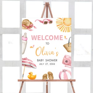 Bearbeitbares Splish Splash Baby Bash Babyparty Willkommensschild, Rosa Strand Babyparty Willkommensplakat, Mädchen Strand Sommer Babypartyschild, 0745