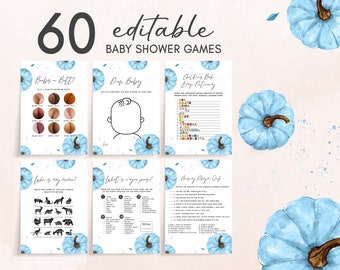 Editable Little Pumpkin Baby Shower Games Bundle, Fall Minimalist Baby Shower Game Pack, Boy Blue Pumpkin Autumn Baby Shower Games Set 0466