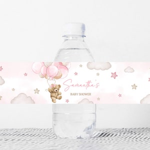 Étiquette de biberon modifiable rose fille ours ballon baby shower, étiquette d'eau de douche de bébé fille We Can Bearly Wait, autocollants bohème ours bouteille, 0599
