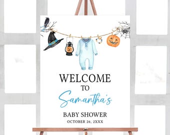 編集可能な「A Little Boo is Almost Due」ベビーシャワーウェルカムサイン、男の子用ボヘミアン服ベビーシャワーウェルカムポスター、ブルーハロウィンベビーシャワー、0918
