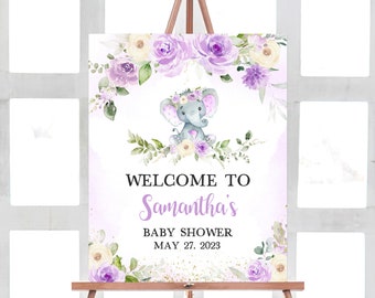 Editable Girl Elephant Baby Shower Welcome Sign, Purple Floral Elephant Baby Shower Welcome Poster, Purple Elephant Baby Shower Sign, 0326