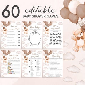 a baby shower game with a teddy bear holding a bunch of balloons