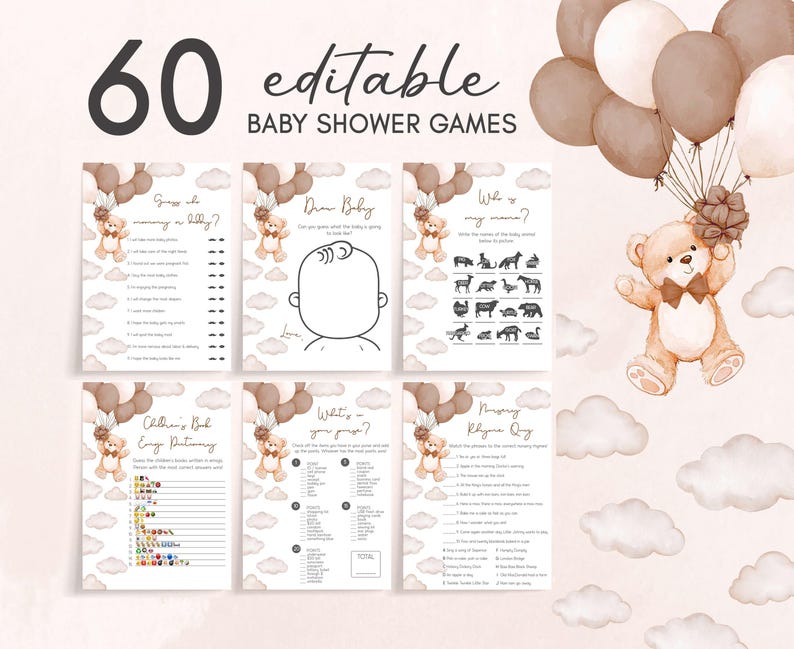 a baby shower game with a teddy bear holding a bunch of balloons