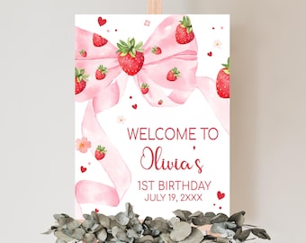 Editable Berry First Birthday Welcome Sign, Strawberry Birthday Party Sign, Pink Bow Berry 1st Birthday Sign, Girl Coquette Berry Party 80BD
