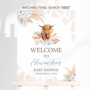 Editable Boho Highland Cow Baby Shower Welcome Sign, Blue Holy Cow Baby Shower Welcome Poster, Boy Highland Cow Boho Baby Shower Sign, 0505 image 3