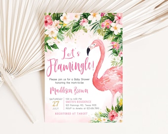 Editable Flamingo Baby Shower Invitation, Floral Hawaiian Girl Baby Shower Invite, Pink Flamingo, Luau Tropical Baby Shower Invitation, 0764