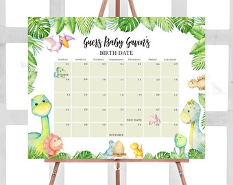 Könnte beinhalten: Ein grünes und weißes druckbares Babyparty-Spiel mit Dschungel-Thema. Das Spiel ist ein Kalender mit einem Dinosaurier-Design und bittet die Gäste, das Geburtsdatum des Babys zu erraten. Das Fälligkeitstermin ist im Kalender hervorgehoben.