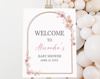 Editable Pink Flowers Baby Shower Welcome Sign, Blush Pink Floral Baby Shower Welcome Poster, Pink Flowers Arch Girl Baby Shower Sign, 0644