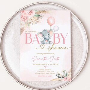 Editable Boho Elephant Baby Shower Invitation, Girl Pink Elephant Baby Shower Invite, Pink Floral Pampas Grass Baby Shower Invitation, 0619 image 1