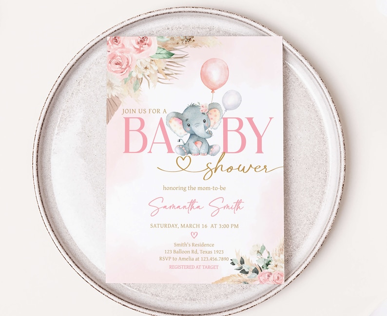 Editable Boho Elephant Baby Shower Invitation, Girl Pink Elephant Baby Shower Invite, Pink Floral Pampas Grass Baby Shower Invitation, 0619 image 1