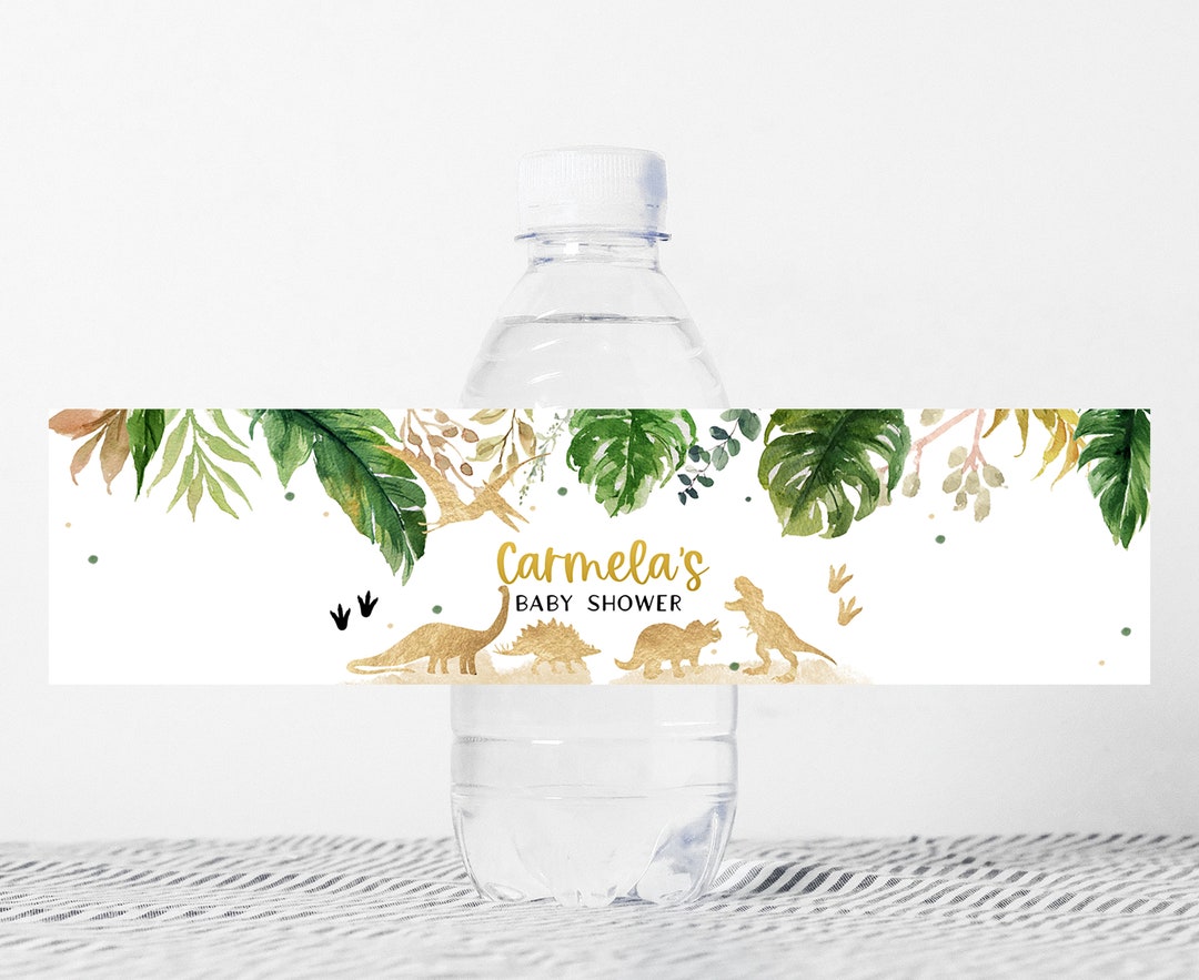 Editable Dinosaur Baby Shower Water Bottle Labels, Gold Dino Baby ...